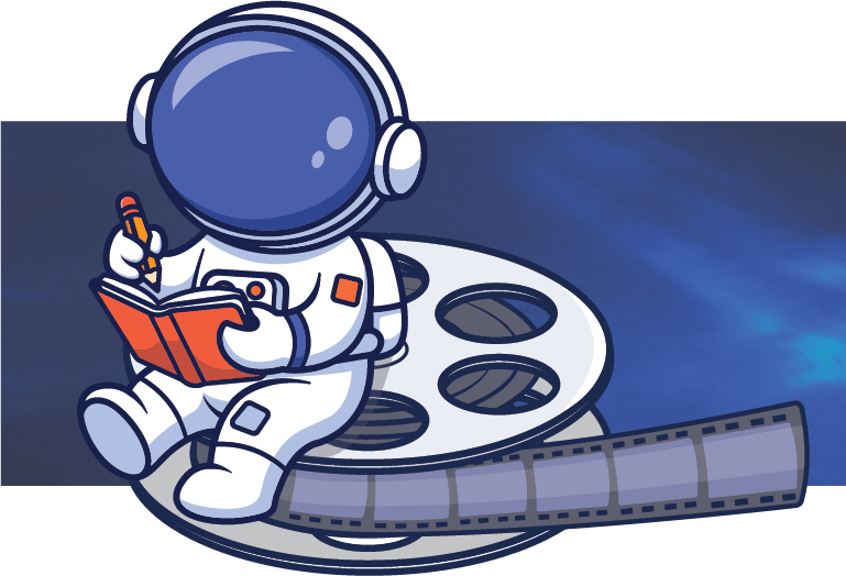 Drawing of a orthpoint Charter School astronaut sitting on a film reel